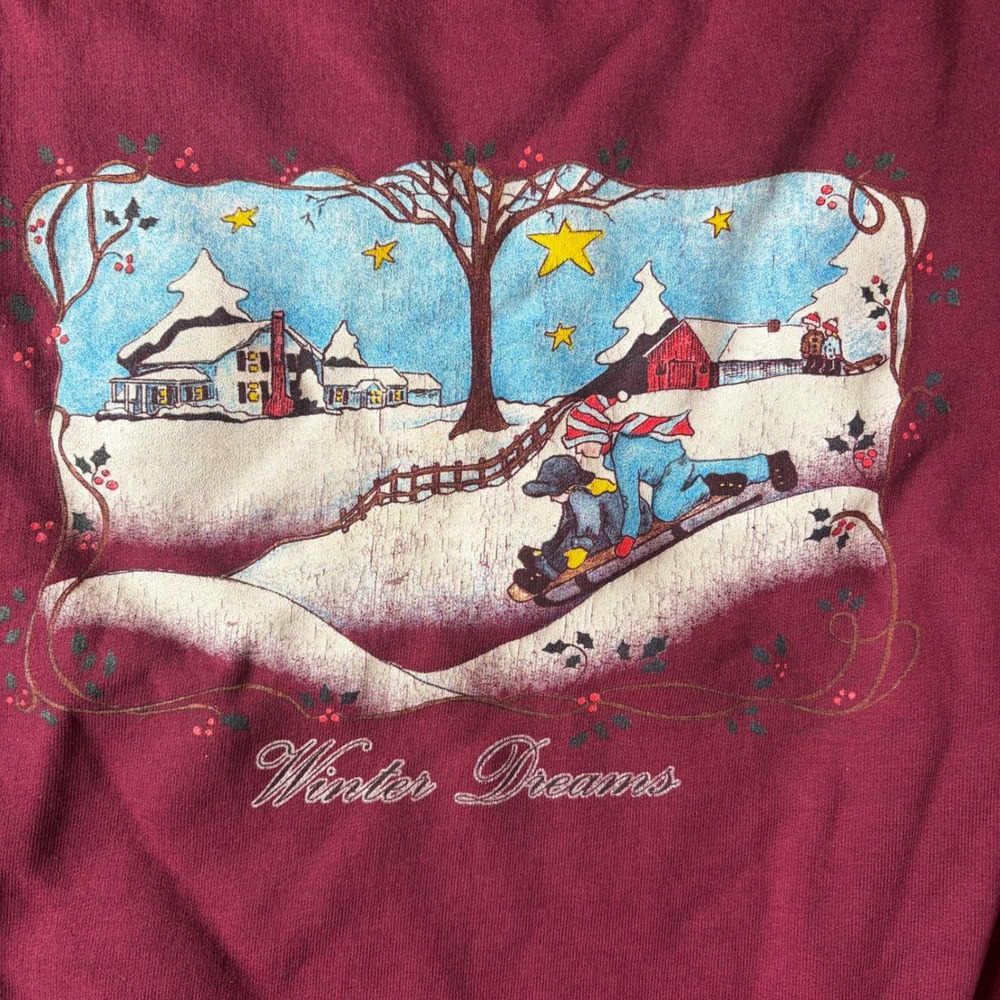 Vintage Winter Dreams Graphic Sweatshirt Cozy Snow Scene Graphic Print Maroon 2X